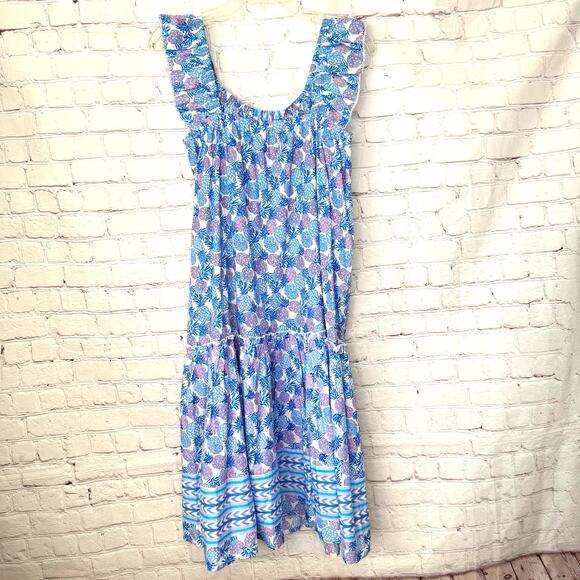 Simply Southern Wms M Blue Pineapple Print Cotton Midi Sun Dress Coastal Preppy - Picture 2 of 12